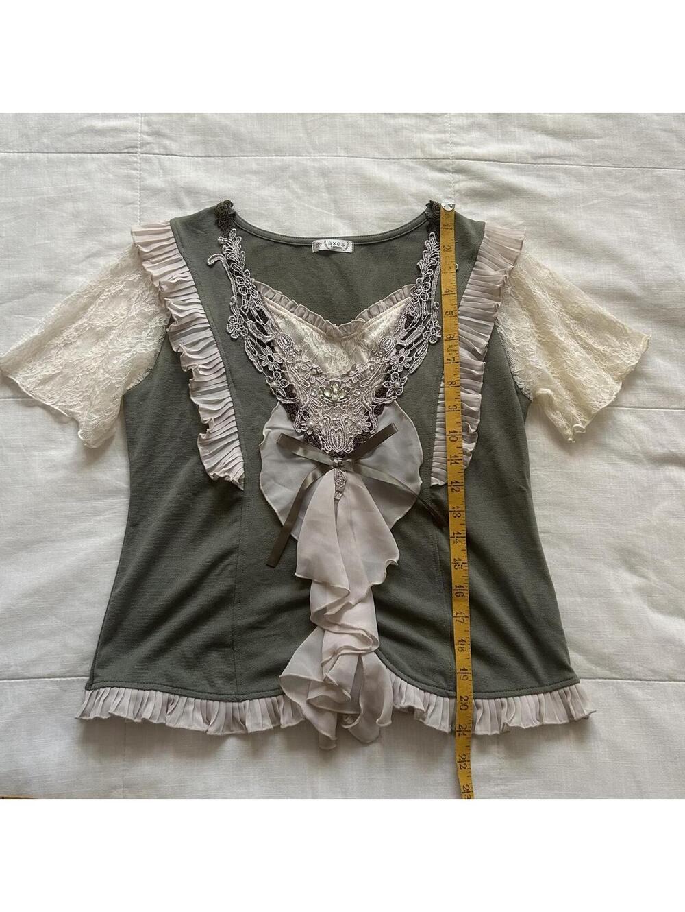 Axes Femme Olive Green Lace Flutter Sleeve Pearl Ribbon Bow Blouse Medium Japan - Picture 8 of 8